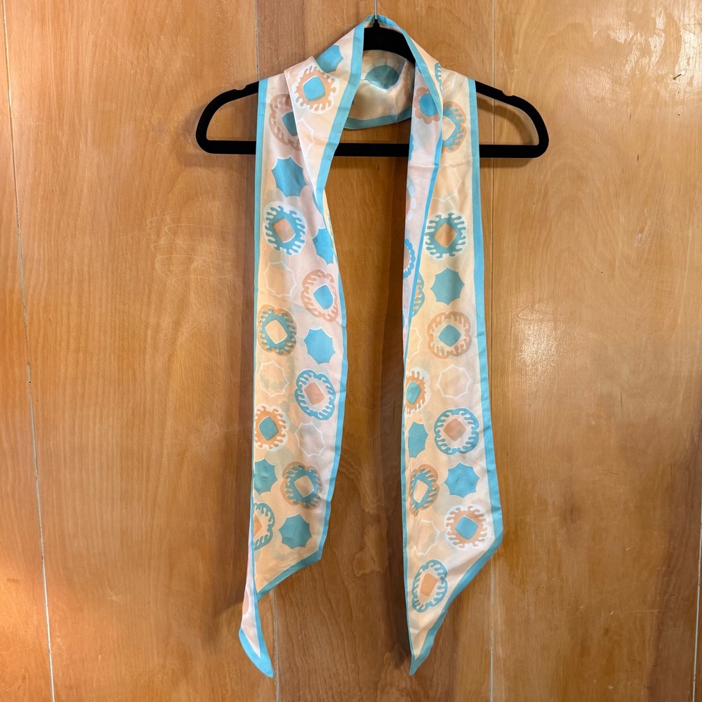 1950s Aqua Peach Italian Scarf Medallion Flower Print Acetate Neck Scarf